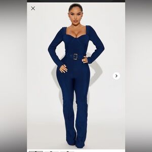 Fashion Nova Navy Long-Sleeve Belted Jumpsuit